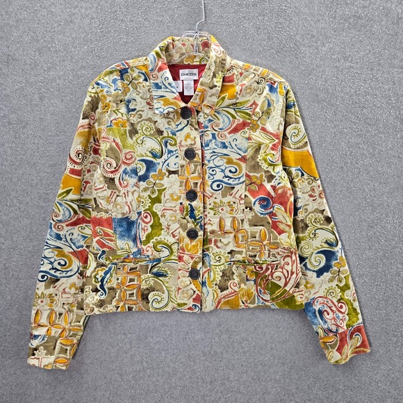Chico's Women Blazer Jacket 1 Yellow Floral Paisley Button Up Long Sleeve Collar - Picture 1 of 9